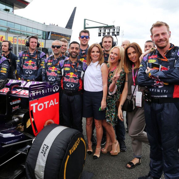 Les anciennes Spice Girls Geri Halliwell, Melanie Chisholm et Emma Bunton lors du Grand Prix de Formule 1 à Silverstone, le 5 juillet 2015