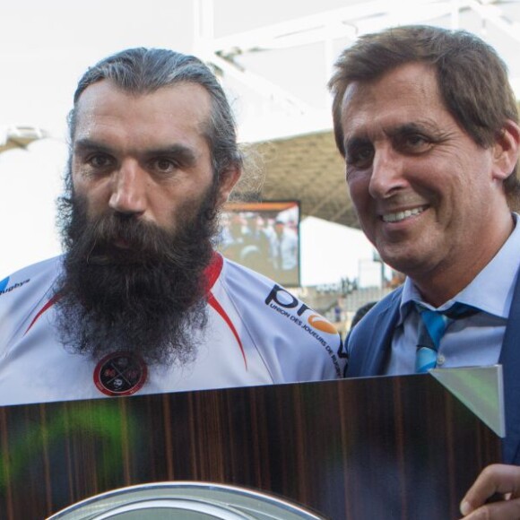 Lionel Nallet, Sébastien Chabal, Max Guazzini - Jubilé des anciens internationaux Lionel Nallet et Sébastien Chabal à l'occasion d'un match amical entre une sélection de leurs amis et les Barbarians français. À Lyon le 4 juillet 2015.