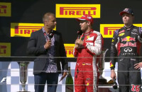 Sebastian Vettel, sur len podium du Grand Prix de Hongrie, dédie une nouvelle fois sa victoire à Jules Bianchi, le 26 juillet 2015 à Mogyoród