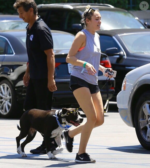 Exclusif - Miley Cyrus se promène avec une amie et leurs chiens respectifs à Calabasas, le 4 août 2015.
