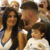 Pilar Rubio (enceinte), son compagnon Sergio Ramos et leur fils Sergio Jr Ramos - Sergio Ramos prolonge son contrat avec le Real Madrid pour une durée de 5 ans lors d'une conférence de presse à Madrid, le 17 août 2015.