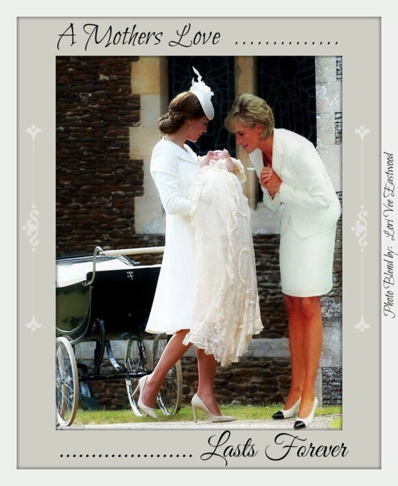 Photomontage de Lori Eastwood, publié sur Facebook le 26 juillet 2015, présentant Kate Middleton et sa fille la princesse Charlotte de Cambridge le jour du baptême de cette dernière, le 5 juillet 2015, avec... Lady Di.