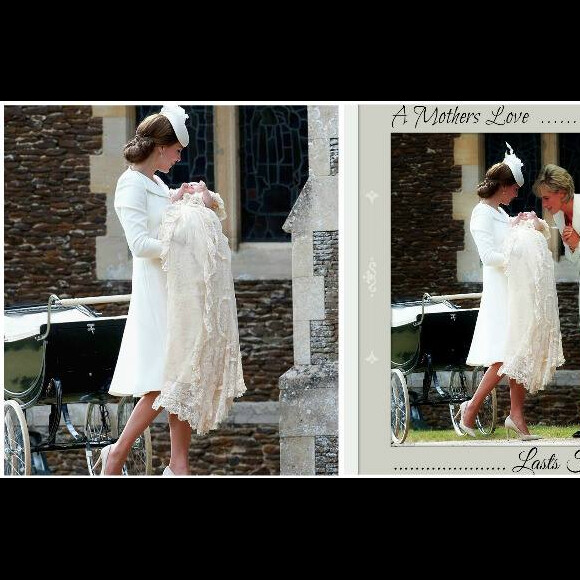 Photomontage de Lori Eastwood, publié sur Facebook le 26 juillet 2015, présentant Kate Middleton et sa fille la princesse Charlotte de Cambridge le jour du baptême de cette dernière, le 5 juillet 2015, avec... Lady Di.