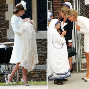 Ces deux photos ont été utilisées par Lori Eastwood pour créer un photomontage en incrustant la regrettée Lady Diana (rencontrant Mère Teresa, en juin 1997 à New York) auprès de Kate Middleton et de la princesse Charlotte de Cambridge lors du baptême de cette dernière le 5 juillet 2015.