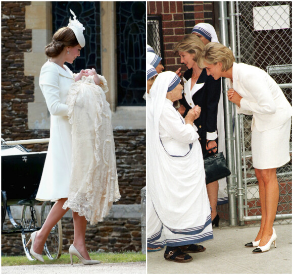 Ces deux photos ont été utilisées par Lori Eastwood pour créer un photomontage en incrustant la regrettée Lady Diana (rencontrant Mère Teresa, en juin 1997 à New York) auprès de Kate Middleton et de la princesse Charlotte de Cambridge lors du baptême de cette dernière le 5 juillet 2015.