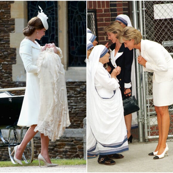 Ces deux photos ont été utilisées par Lori Eastwood pour créer un photomontage en incrustant la regrettée Lady Diana (rencontrant Mère Teresa, en juin 1997 à New York) auprès de Kate Middleton et de la princesse Charlotte de Cambridge lors du baptême de cette dernière le 5 juillet 2015.