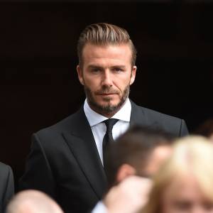 David Beckham à Bury aux obsèques de Neville Neville, le père des frères Phil et Gary, le 27 août 2015.