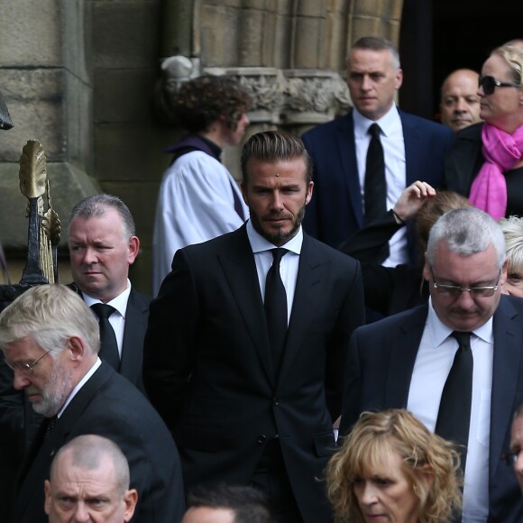 David Beckham à Bury aux obsèques de Neville Neville, le père des frères Phil et Gary, le 27 août 2015.