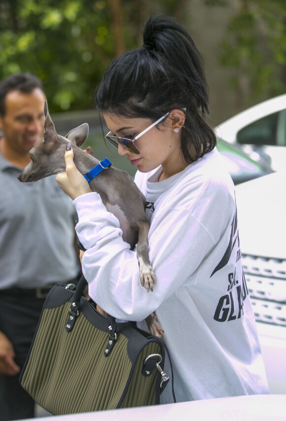 Kylie Jenner (redevenue brune) et son petit-ami le rappeur Tyga à la sortie du centre de dermatologie Epione à Beverly Hills, le 21 septembre 2015. Elle se cache le visage avec son chien Normie