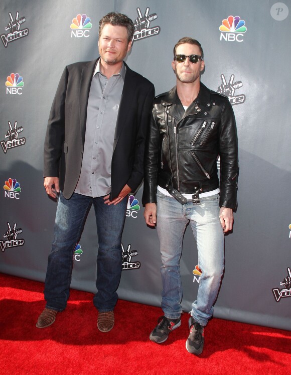 Blake Shelton, Adam Levine - People lors de l'évènement "The Voice" à Hollywood, le 3 avril 2014.