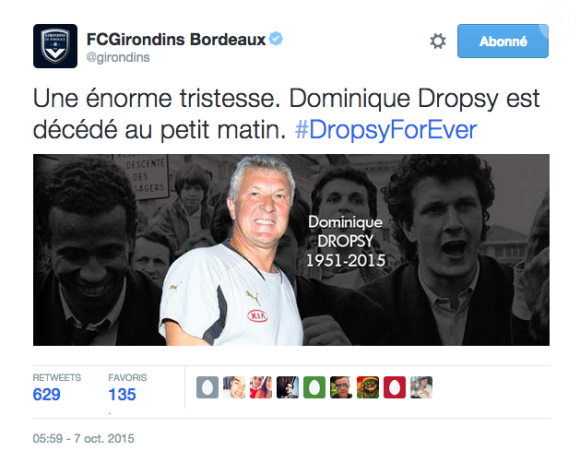 Ancien gardien légendaire des Girondins, Dominique Dropsy est mort mercredi 7 octobre 2015, à 63 ans, des suites d'une leucémie.