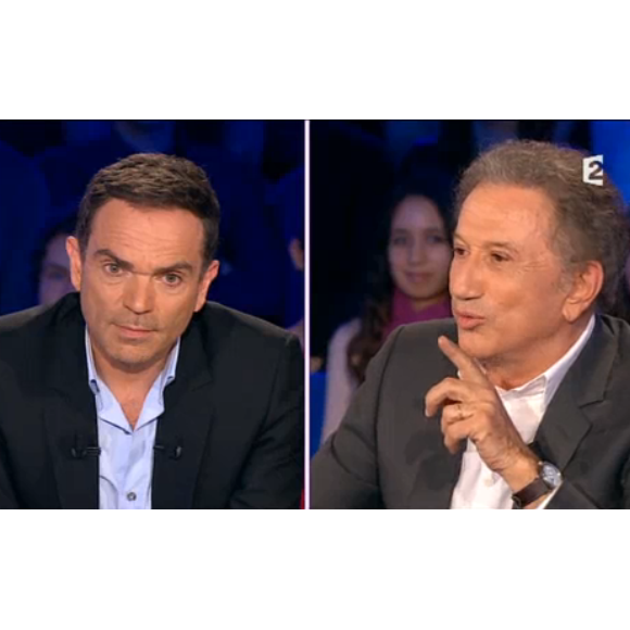 Yann Moix et Michel Drucker dans On n'est pas couché, le samedi 10 octobre 2015 sur France 2.