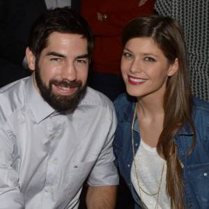 Nikola Karabatic et sa compagne Geraldine Pillet - Exclusif - Vainqueurs d'un troisieme titre de champions d'Europe, les handballeurs Francais fetent leur victoire a la Gioia le 27 janvier 2014.