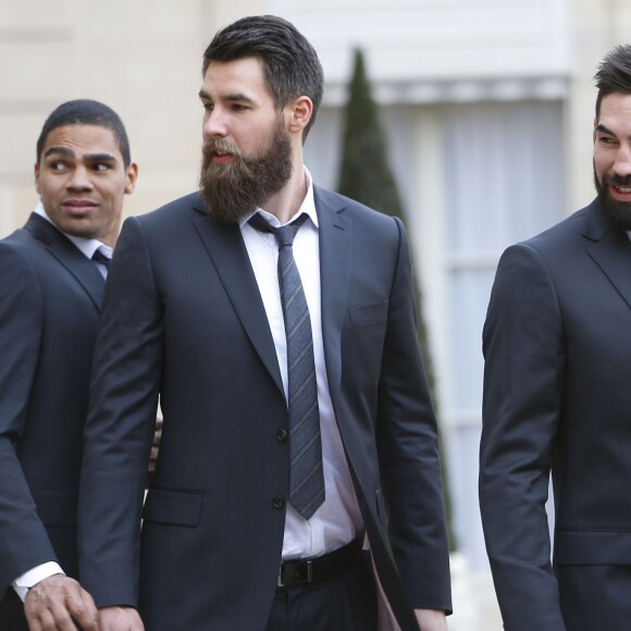 Daniel Narcisse, Luka Karabatic et son frère Nikola Karabatic et les autres joueurs de l'équipe de France de Handball, 5 fois championne du monde, sont reçus par le président de la république François Hollande au palais de l'Elysée à Paris, le 3 février 2015 pour célébrer leur titre mondial. L'équipe de France a remporté le 24ème championnat du monde de handball et pour la première fois de l'histoire du handball une équipe a remporté 5 fois le titre de champion du monde.