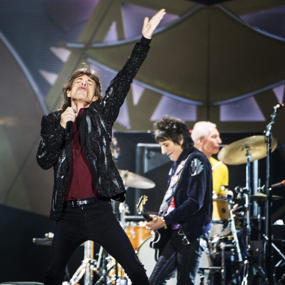 Mick Jagger, Ronnie Wood et Charlie Watts - Les Rolling Stones en concert au Tele2 Arena à Stockholm. Le 1er juillet 2014