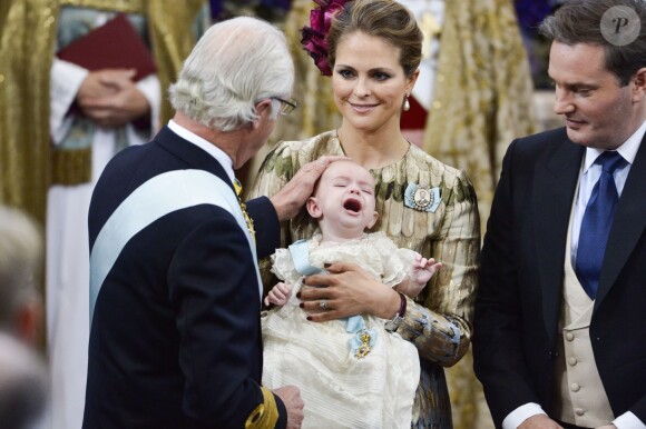 Image du baptême du prince Nicolas de Suède, second enfant de la princesse Madeleine et de Christopher O'Neill, le 11 octobre 2015 au palais Drottningholm à Stockholm.