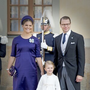 Victoria de Suède, Daniel et Estelle. Image du baptême du prince Nicolas de Suède, second enfant de la princesse Madeleine et de Christopher O'Neill, le 11 octobre 2015 au palais Drottningholm à Stockholm.