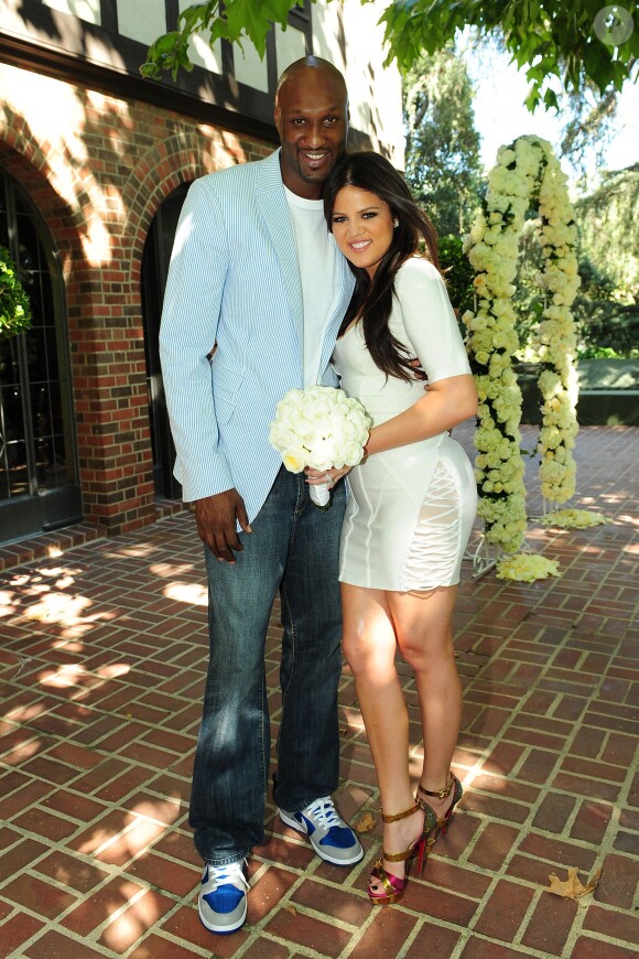 Kim Kardashian et Lamar Odom lors de leur premier anniversaire de mariage chez le producteur Irving Azoff, à Beverly Hills, le 27 septembre 2010