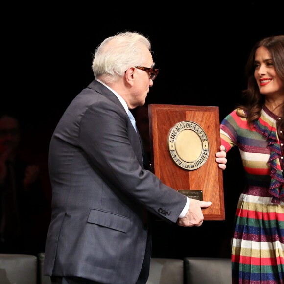 Martin Scorsese et Salma Hayek - Remise du 7e Prix Lumière à Martin Scorsese au Palais des Congrès de Lyon, lors du Festival Lumière le 16 octobre 2015.