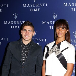 Marco Verratti et Shy'm assistent à la soirée de présentation de la montre Epoca Squelette par Maserati Time au Motor Village. Paris, le 22 octobre 2015.