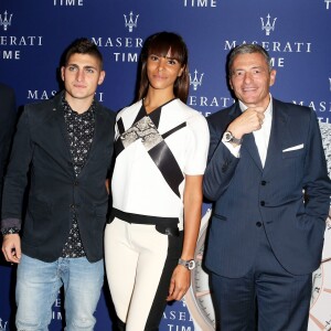 Marco Verratti, Shy'm et Massimo Carraro, président du groupe Morellato assistent à la soirée de présentation de la montre Epoca Squelette par Maserati Time au Motor Village. Paris, le 22 octobre 2015.