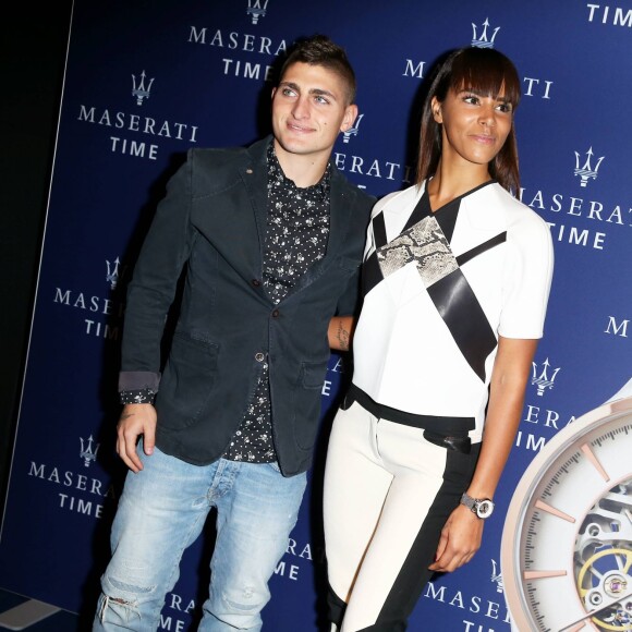 Marco Verratti et Shy'm assistent à la soirée de présentation de la montre Epoca Squelette par Maserati Time au Motor Village. Paris, le 22 octobre 2015.