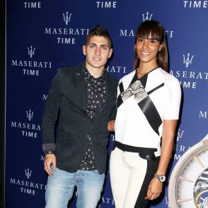 Marco Verratti et Shy'm assistent à la soirée de présentation de la montre Epoca Squelette par Maserati Time au Motor Village. Paris, le 22 octobre 2015.