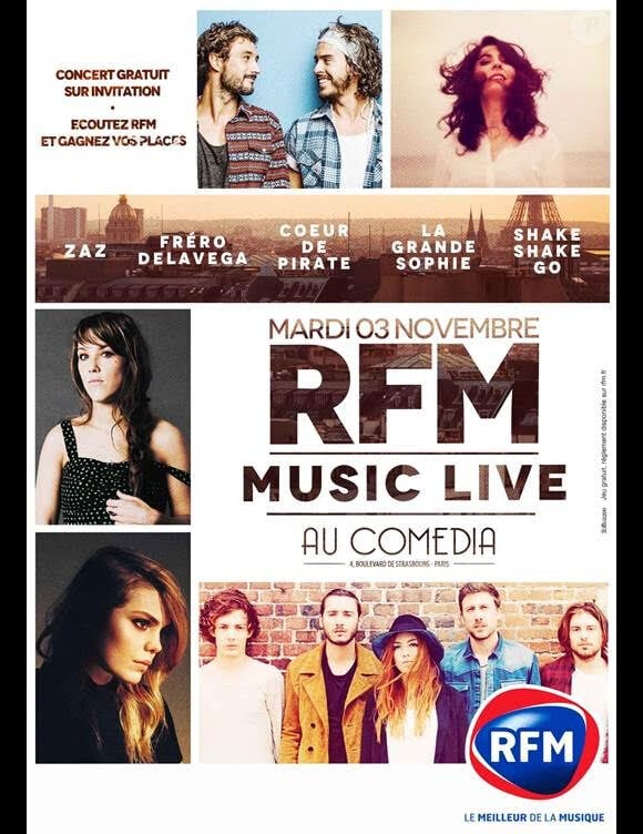 Zaz sera sur la scène du RFM Music Live au Comedia de Paris, le mardi 3 novembre 2015.