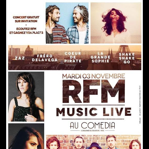 Zaz sera sur la scène du RFM Music Live au Comedia de Paris, le mardi 3 novembre 2015.