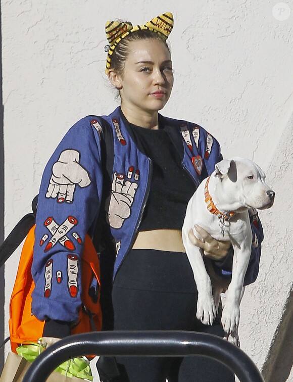 Exclusif - Miley Cyrus à la sortie d'un cabinet vétérinaire avec son chien à Studio City, le 10 novembre 2015