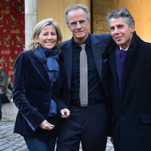 Claire Chazal et Christophe Lambert avec Alain Suguenot, mais de Beaune à la 155e vente des vins des Hospices de Beaune, le 15 novembre 2015, à Beaune © Giancarlo Gorassini