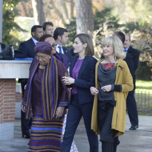 Ellen Johnson Sirleaf, la reine Letizia d'Espagne, Maria Teresa Fernandez de la Vega le 16 novembre 2015 à Madrid pour une réunion de la Fondation Mujeres por Africa au pavillion des jardins Cecilio Rodriguez au Parque del retiro.