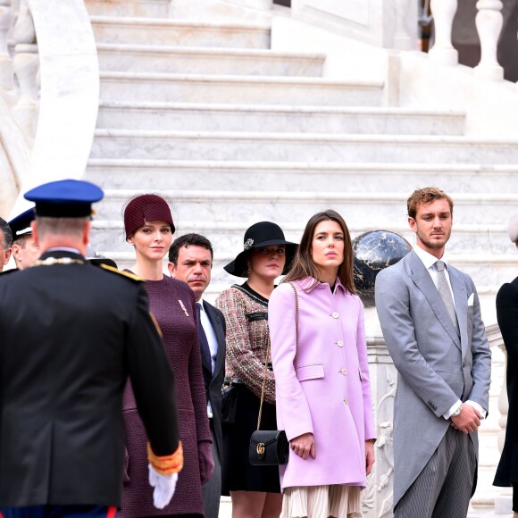 La princesse Charlène de Monaco, Charlotte Casiraghi, Pierre Casiraghi - La famille princière de Monaco dans la cour du palais lors de la Fête Nationale monégasque à Monaco le 19 novembre 2015. © Bruno Bebert / Olivier Huitel / Pool Restreint Monaco / Bestimage