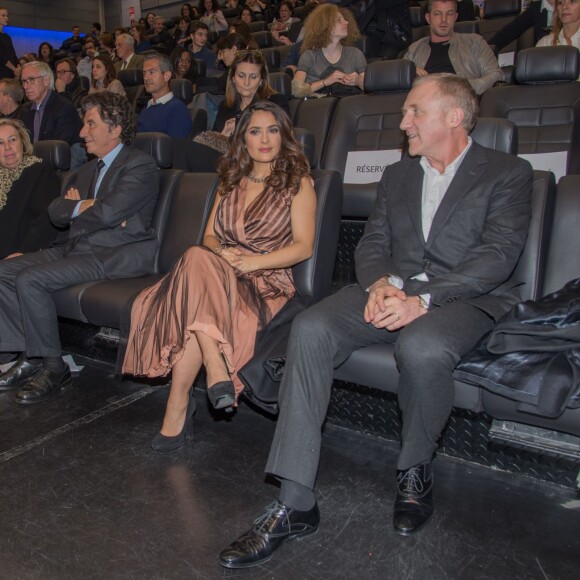 Exclusif - François Pinault et sa femme Maryvonne Pinault, Jack Lang, Salma Hayek et son mari François-Henri Pinault - Intérieur lors de l'avant-première du film "Le Prophète" à l'Institut du monde arabe à Paris, le 30 novembre 2015