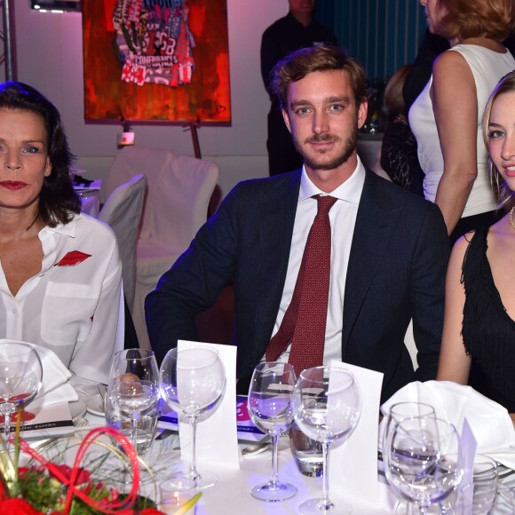 Exclusif - La princesse Stéphanie de Monaco, Pierre Casiraghi et sa femme Beatrice Borromeo - Ventes aux enchères en faveur de Fight Aids Monaco à l'hôtel Le Meridien Beach Plaza à Monaco, le 1er décembre 2015. ©Bruno Bebert/Olivier Huitel/Pool Restreint/Bestimage