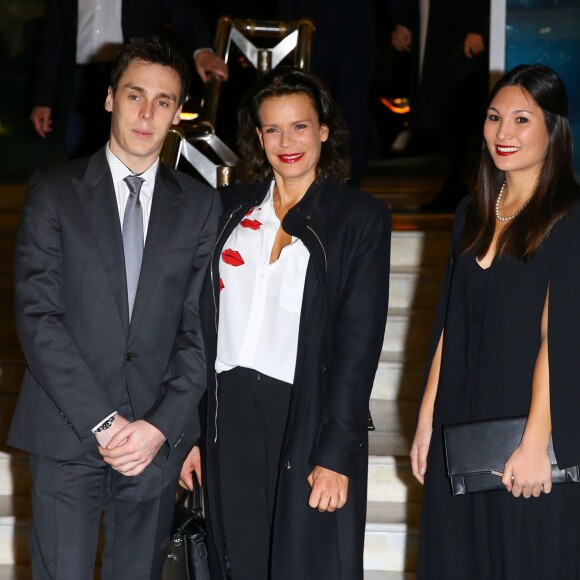 Exclusif - La princesse Stéphanie de Monaco, présidente de Fight Aids Monaco et ambassadrice d'ONUSIDA, son fils Louis Ducruet et sa compagne Marie - Ventes aux enchères en faveur de Fight Aids Monaco à l'hôtel Le Meridien Beach Plaza à Monaco, le 1er décembre 2015. ©Bruno Bebert/Olivier Huitel/Pool Restreint/Bestimage