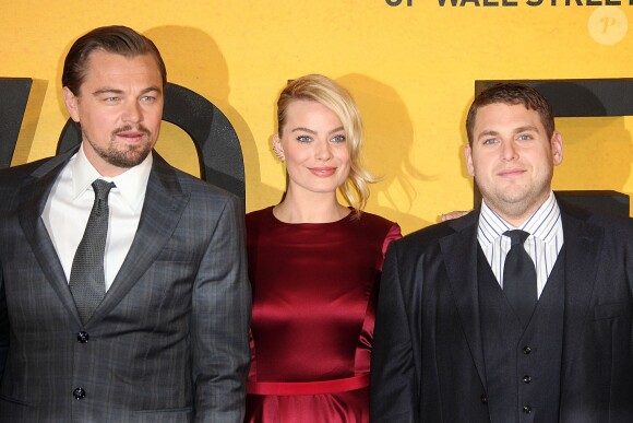 Leonardo DiCaprio, Margot Robbie et Jonah Hill à Londres le 9 janvier 2014.