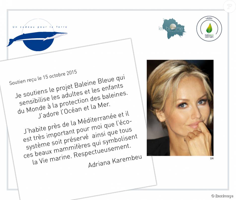 Adriana Karembeu - En marge de la COP21 &quot;La baleine bleue&quot; s&#039;installe à Paris et les artistes s&#039;engagent pour soutenir ce projet de l&#039;association &quot;Un cadeau pour la terre&quot; le 30 novembre 2015. Chaque personnalité a signé un engagement de soutient au projet &quot;La baleine bleue&quot;.