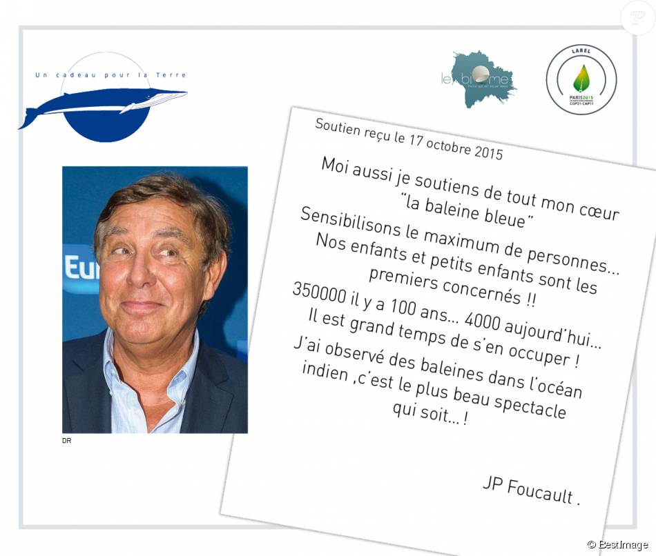 Jean-Pierre Foucault - En marge de la COP21 &quot;La baleine bleue&quot; s&#039;installe à Paris et les artistes s&#039;engagent pour soutenir ce projet de l&#039;association &quot;Un cadeau pour la terre&quot; le 30 novembre 2015. Chaque personnalité a signé un engagement de soutient au projet &quot;La baleine bleue&quot;.