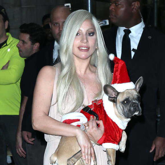 Lady Gaga et son fiancé Taylor Kinney à une soirée à New York avec un chien déguisé en père noël le 11 décembre 2015.