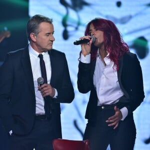 Exclusif - Christophe Dechavanne et Shy'm - Enregistrement de l'émission "La Télé Chante Pour le Sidaction" aux théâtre des Folies Bergère à Paris. Le 11 mars 2015.