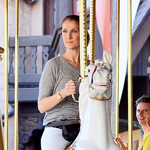 Exclusif - Céline Dion et ses fils Nelson et Eddy font des tours de manège au Disneyland d'Anaheim en Californie le 15 octobre 2015. P