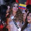 Miss Colombie 2015, Ariadna Gutierrez le soir de l'élection de Miss Univers à Las Vegas , le 20 décembre 2015. Une cérémonie marquée par une énorme bourde télévisée en direct, le présentateur de la cérémonie, l'acteur, humoriste et animateur Steve Harvey, a mal lu la fiche qui donnait le nom de la gagnante et a annoncé par erreur que Miss Colombie, Ariadna Gutierrez, avait été élue Miss Univers.