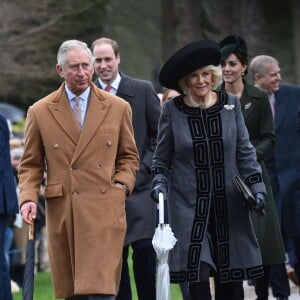 Le prince Charles, prince de Galles, Camilla Parker-Bowles, duchesse de Cornouailles, le prince William et Catherine Kate Middleton, la duchesse de Cambridge - Les membres de la famille royale d'Angleterre ont assisté à la messe de Noël de l’église de St. Mary Magdalene à Norfolk, le 25 décembre 2015  Please hide children face prior publication The Queen and members of The Royal Family Attend The Christmas Day Service at the Church of St. Mary Magdalene, Sandringham, Norfolk, UK. 25.12.1525/12/2015 - Norfolk