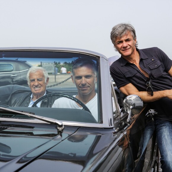 Exclusif - Charles Gérard, Jean-Paul Belmondo, son fils Paul Belmondo et Cyril Viguier lors du 1er jour du tournage du documentaire produit par Cyril Viguier pour TF1 "Belmondo par Paul Belmondo", le 22 mai 2014.
