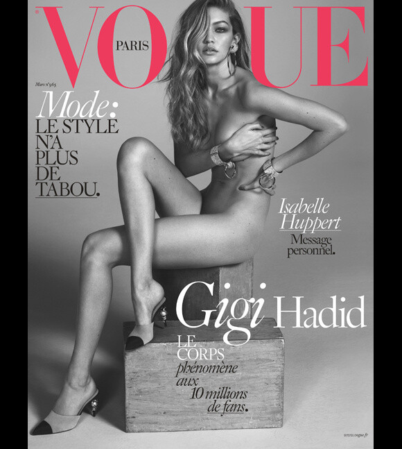 Gigi Hadid, entièrement nue en couverture du n°965 de Vogue Paris. Mars 2015. Photo par Mert et Marcus.