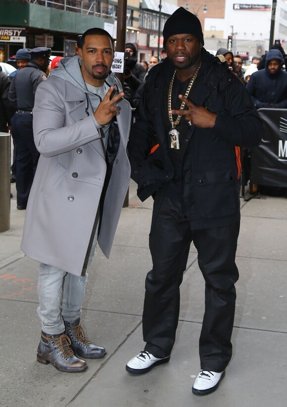 Omari Hardwick (Power) et 50 Cent arrivent au Madison Square Garden pour la présentation de la collection Season 3 de Kanye West. New York, le 11 février 2016.