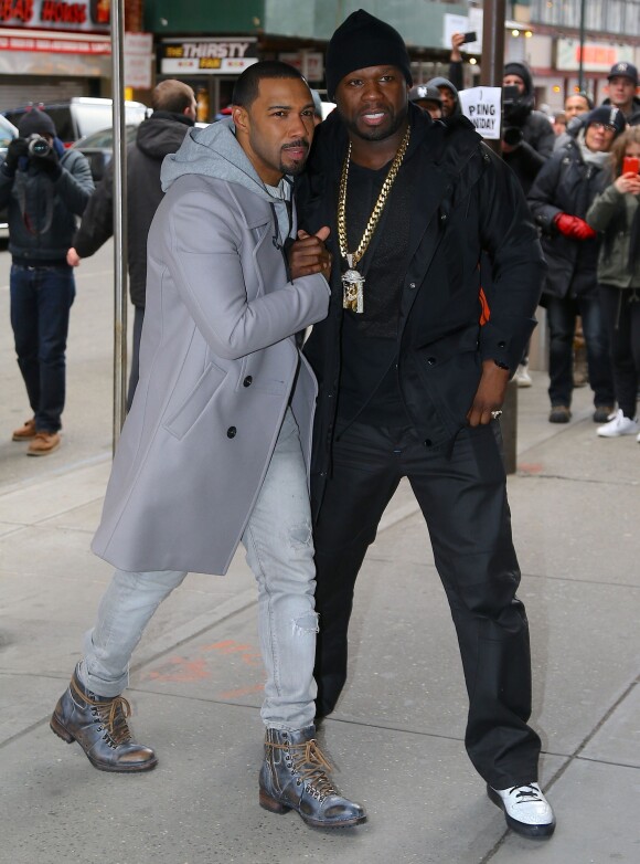 Omari Hardwick et 50 Cent arrivent au Madison Square Garden pour la présentation de la collection Season 3 de Kanye West. New York, le 11 février 2016.