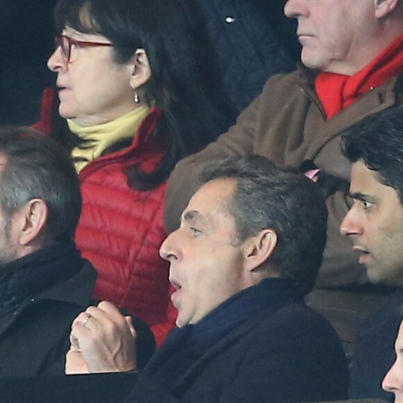 Nicolas Sarkzoy, son fils Pierre Sarkozy et Nasser Al-Khelaïfi - People au match de football PSG - Lille au Parc des Princes le 13 février 2016 © Cyril Moreau / Bestimage