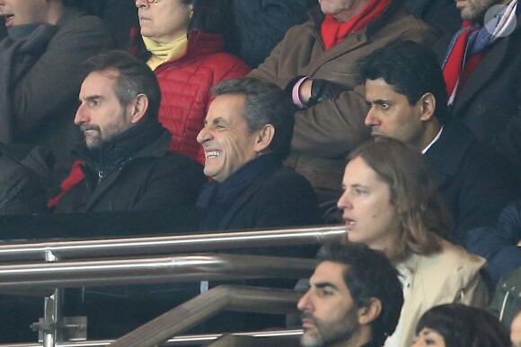 Nicolas Sarkzoy, son fils Pierre Sarkozy et Nasser Al-Khelaïfi - People au match de football PSG - Lille au Parc des Princes le 13 février 2016 © Cyril Moreau / Bestimage